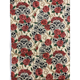 Totenkopf Stoff mit Rosen weiss