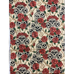 Totenkopf Stoff mit Rosen weiss