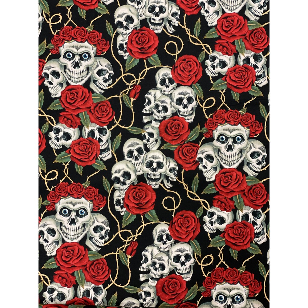 Alexander Henry Baumwollstoff Totenkopf mit Rosen schwarz Alexander Henry Baumwollstoff Totenkopf mit Rosen schwarz