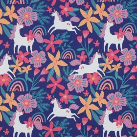 Feiner Poplin Stoff – Blumen & Einhörner auf Kobalt