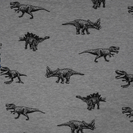 Weicher French Terry Sweatstoff mit Dino-Print in Grau Melange. Ideal für Kinderkleidung wie Hoodies, Hosen & mehr. Jetzt entdec