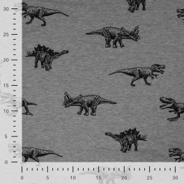 Weicher French Terry Sweatstoff mit Dino-Print in Grau Melange. Ideal für Kinderkleidung wie Hoodies, Hosen & mehr. Jetzt entdec