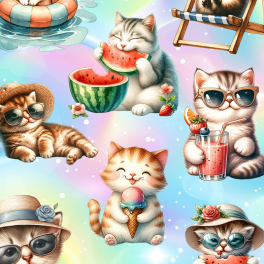 Jersey Stoff Summer Cats | Süße Katzen im Sommerlook – Digitaldruck • Meterware