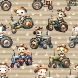 Jersey Stoff Farm Animals – Bauernhoftiere auf Traktoren | Kinderstoff Digitaldruck – Baumwolljersey