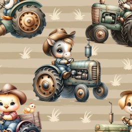 Jersey Stoff Farm Animals – Bauernhoftiere auf Traktoren | Kinderstoff Digitaldruck – Baumwolljersey
